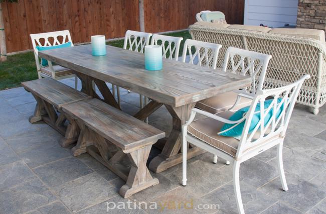 driftwood terstle table and benches at beach home
