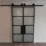 Blackened Iron and Satin Glass Panels Barn Door