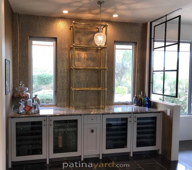 bistro brass and glass shelves for liquor