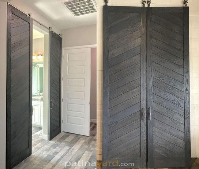 contemporary chevron pattern ash wood double doors stained gray