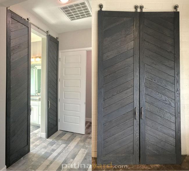 contemporary chevron pattern ash wood double doors stained gray
