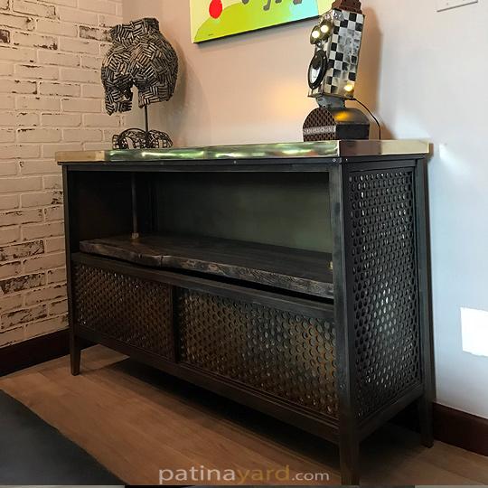perforated credenza with wood shelve and glass top with bullet shells
