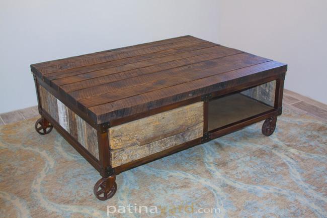industrial style reclaimed wood and patina metal coffee table