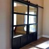 steel patina double barn doors with clear tempered glass and metal tow kick