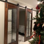Custom Double Mahogany Wood and Glass Barn Doors