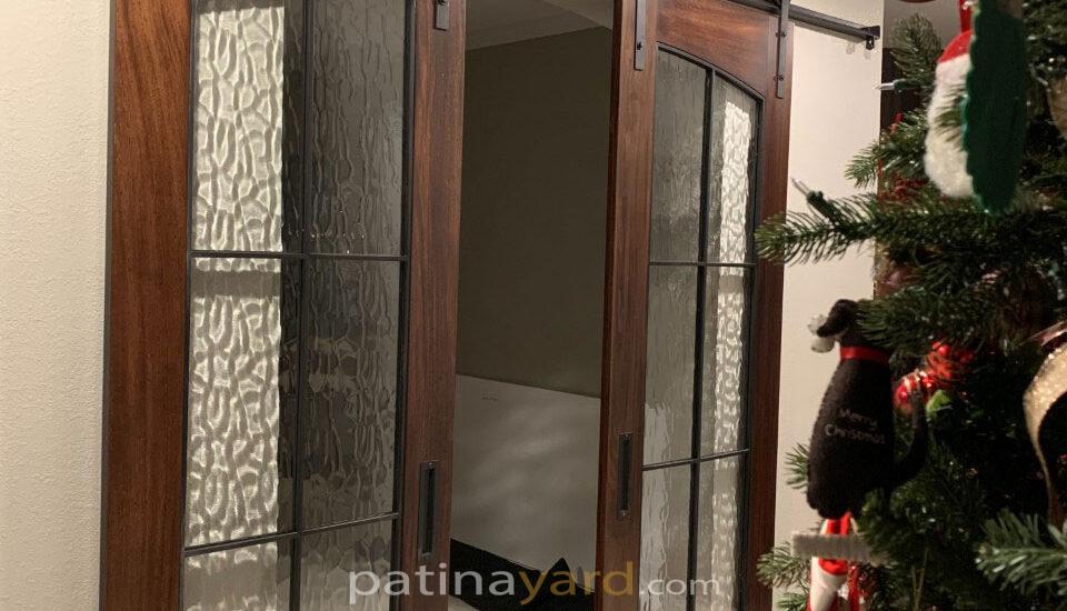 mahogany wood glass and metal barn door
