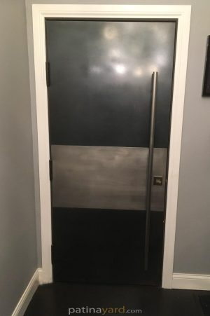 exterior front door with stainless steel and patina metal