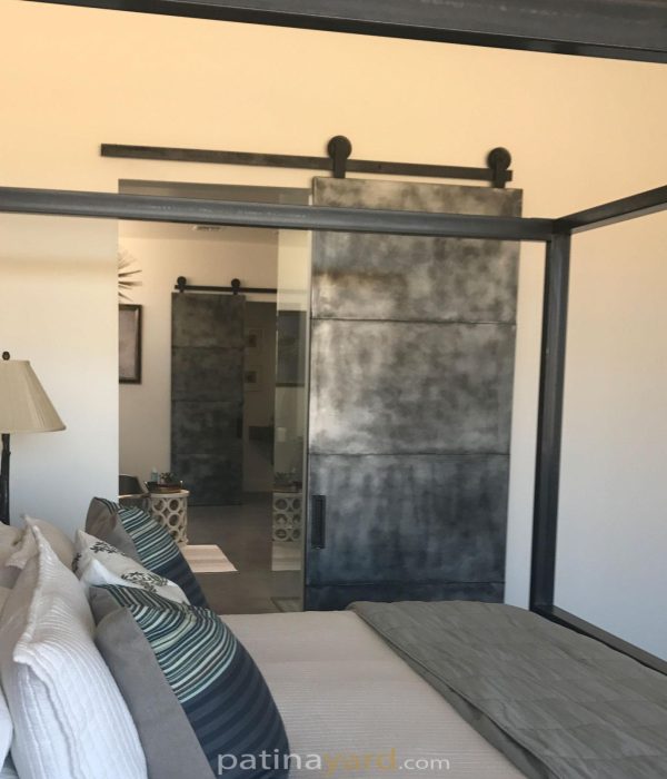 patina zinc barn door and custom hardware