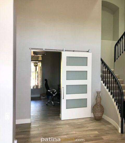 shaker painted wood and frosted glass barn door