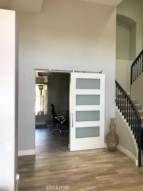 shaker painted wood and frosted glass barn door
