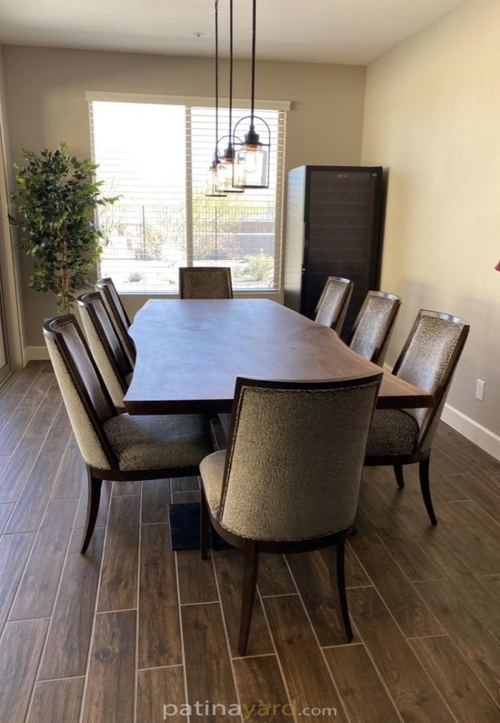 walnut live edge table with chunky metal base