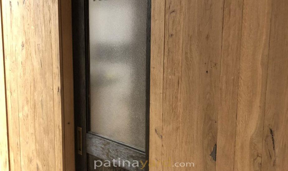 wood pantry door with textured glass