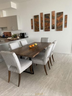 contemporary walnut dining table with metal tapered legs