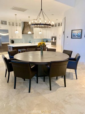 large round table with lazy susan and pedestal base