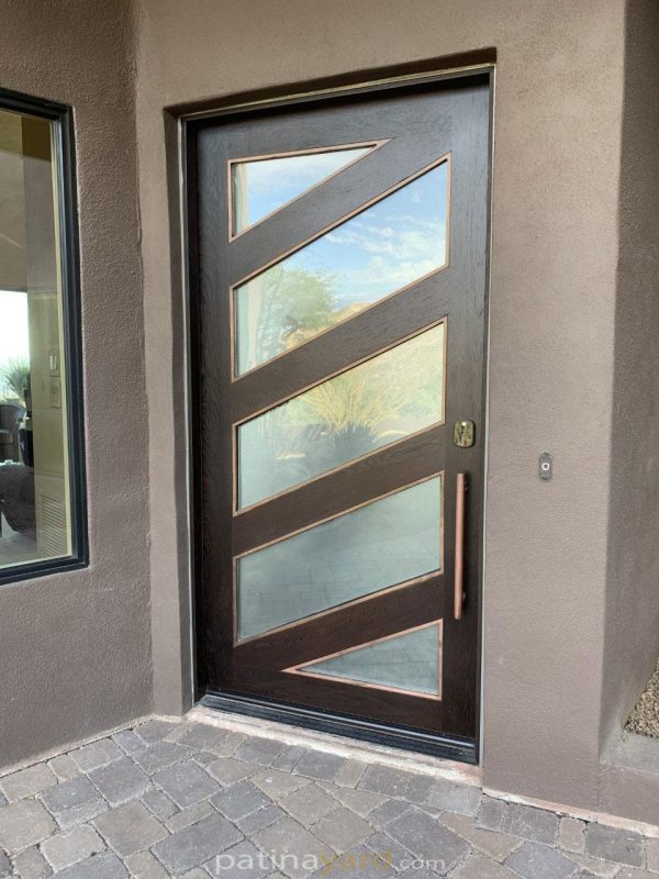 Wenge Wood Entry Door with Satin Glass Wenge wood front door with angled satin glass panels
