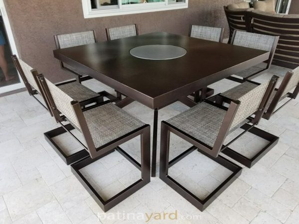 imagejpeg_0 (5) Square dark metal dining table with metal chairs and a center lazy susan