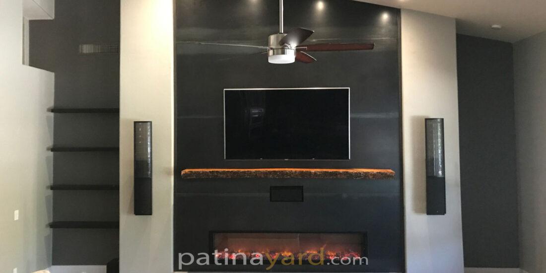 hot rolled steel fireplace with live edge