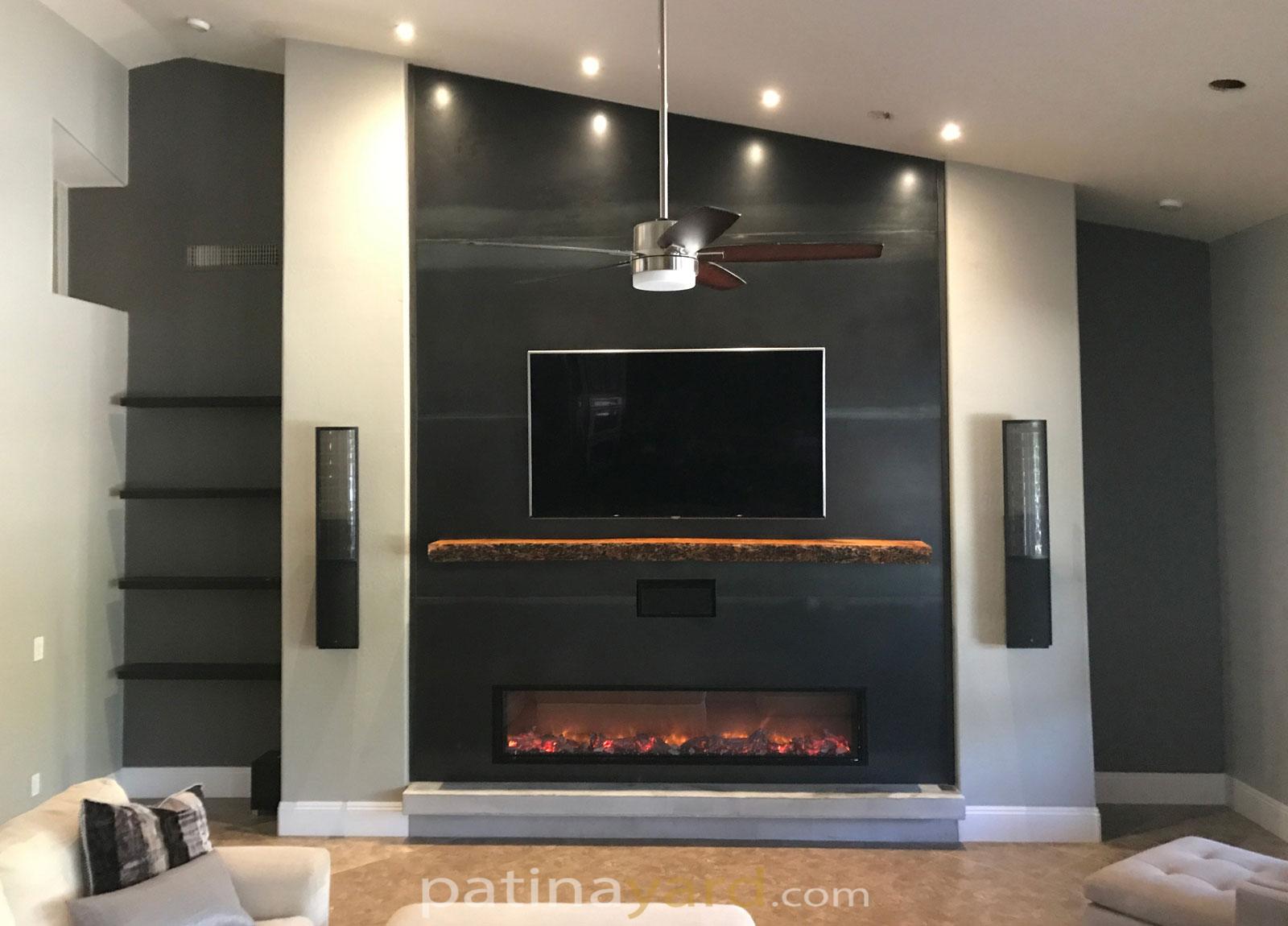 hot rolled steel fireplace with live edge