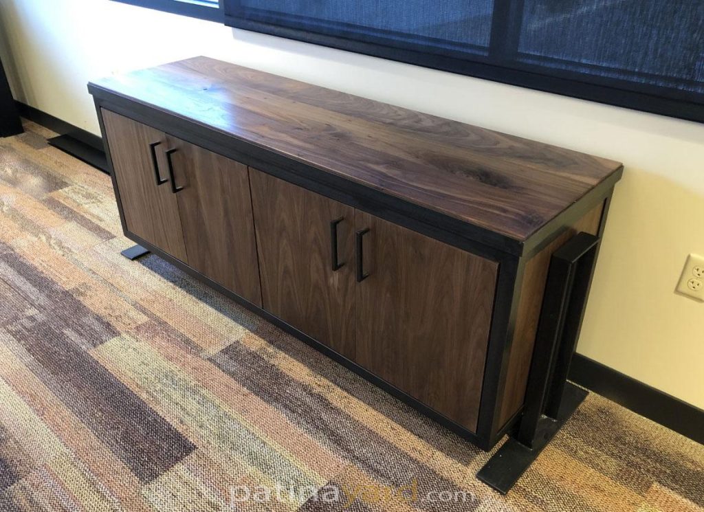 walnut and industrial metal credenza