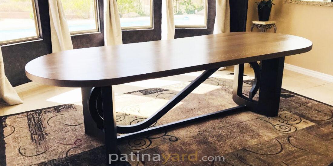 oval white oak top with curved metal base
