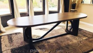 oval white oak top with curved metal base