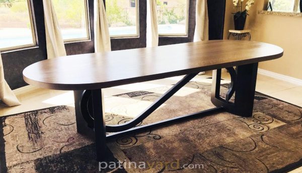 oval white oak top with curved metal base