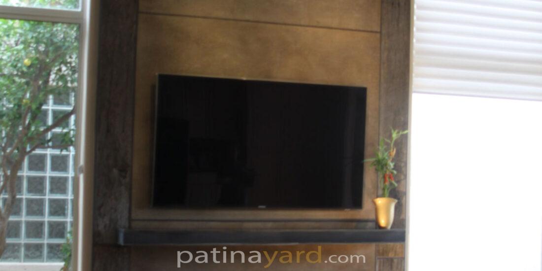 reclaimed wood and crete board fireplace with hot rolled mantle and hearth