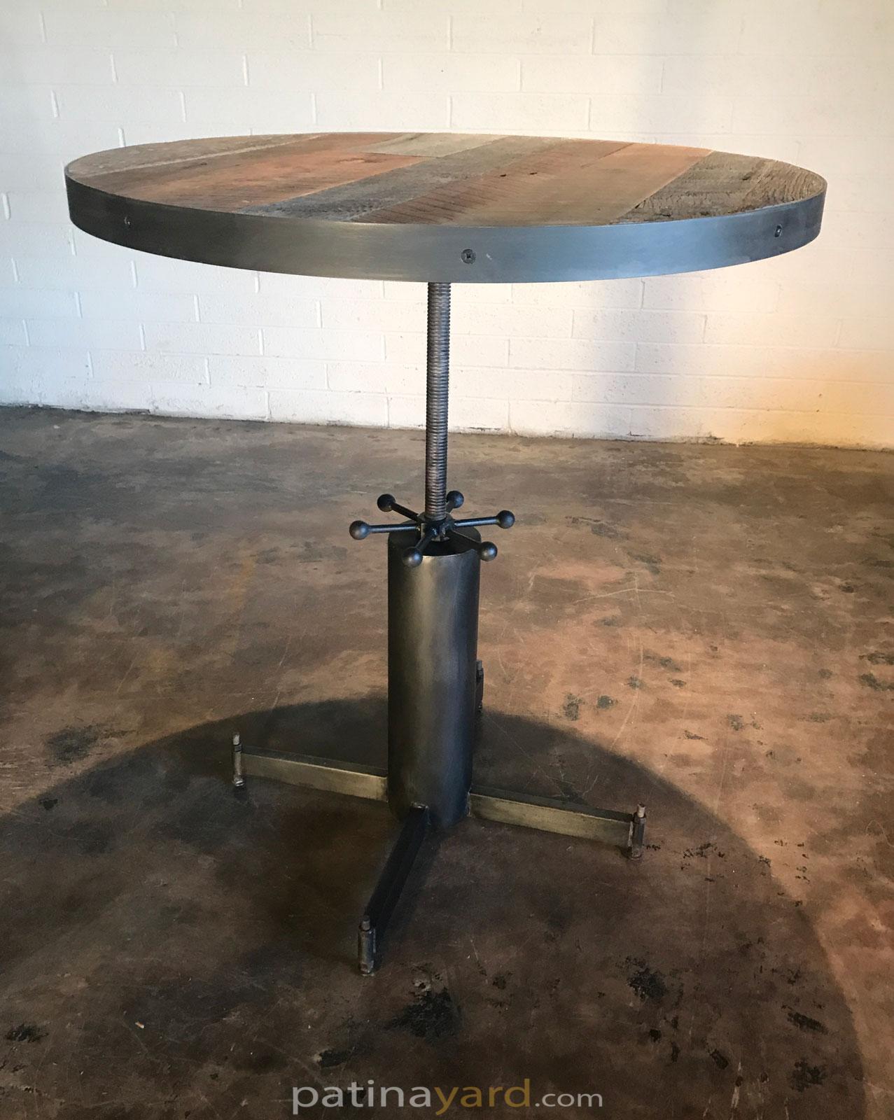 round reclaimed wood and metal bar table