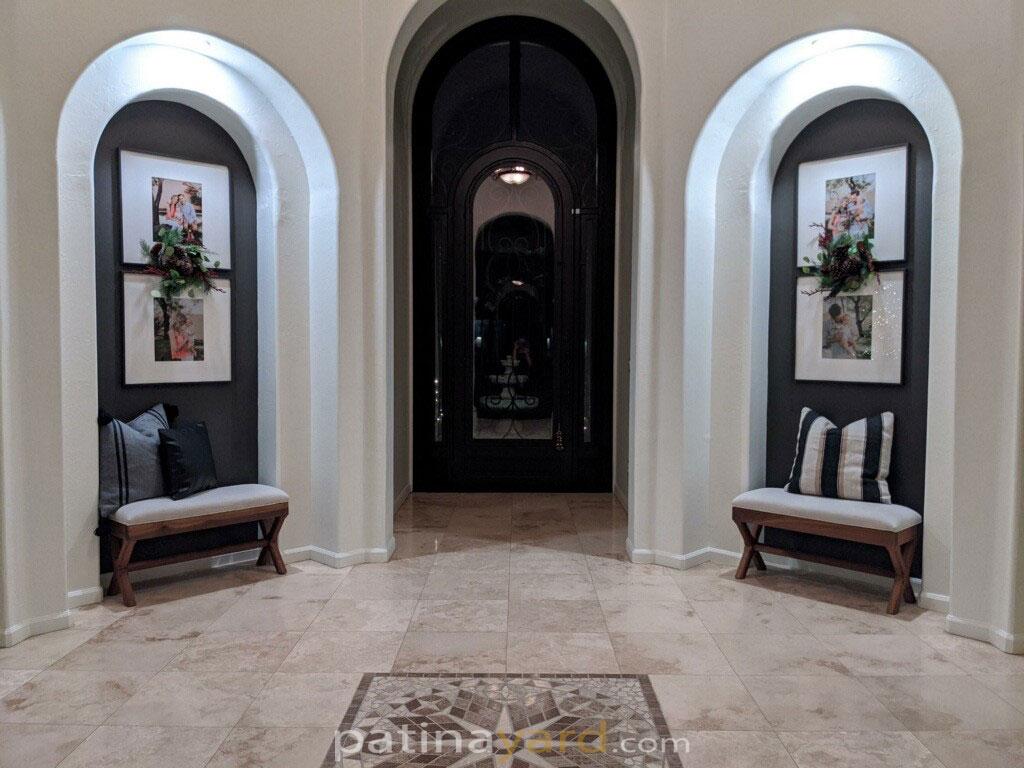 walnut benches with upholstered seats