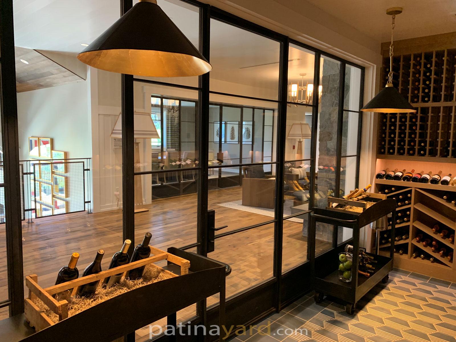 Inside of wine cellar metal and glass doors