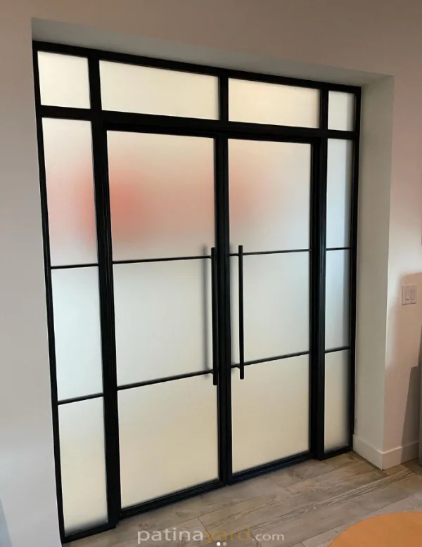 Contemporary Metal and Satin Glass Hinged Doors and Sidelights Custom industrial black steel hinged doors with sidelights and frosted glass
