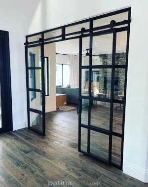 Double Sliding Doors and Sidelights Double sliding metal and glass doors with sidelights in a modern home