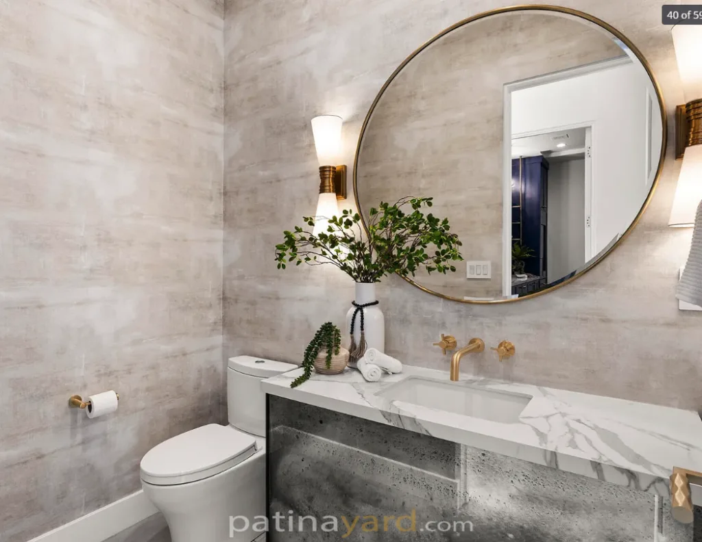 custom antique mirror vanity in powder room