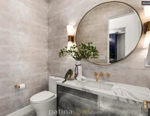 custom antique mirror vanity in powder room
