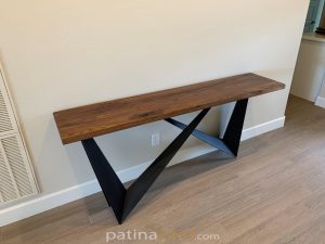 Walnut console table with angled black metal legs
