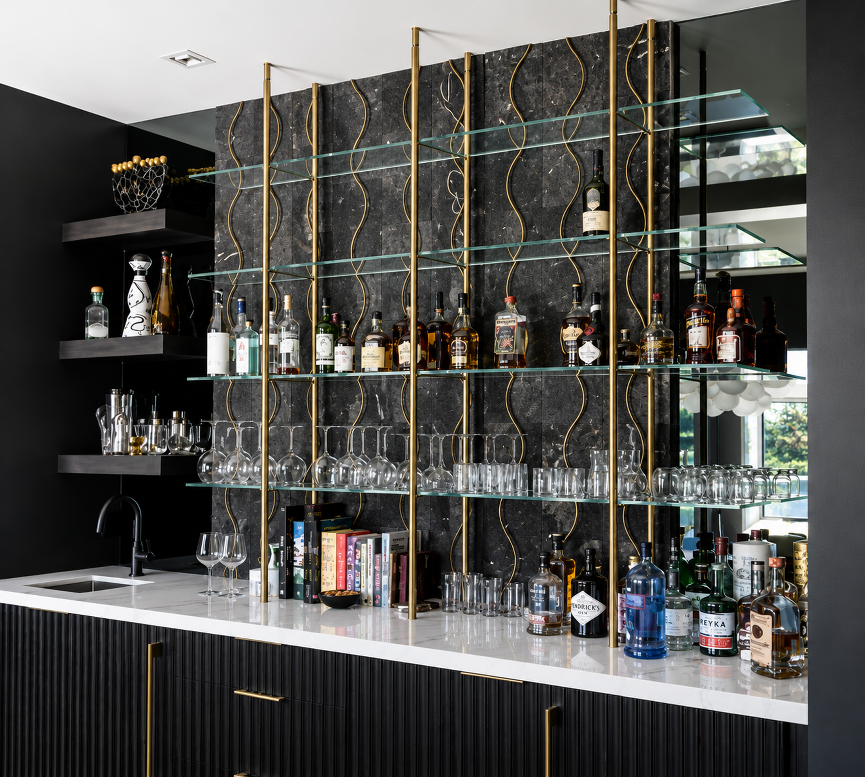 Brass bistro shelving with starphire glass shelves for a home bar