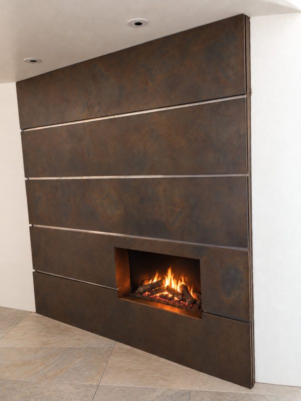 Contemporary Raised Panel Fireplace with Stainless Steel Seams
