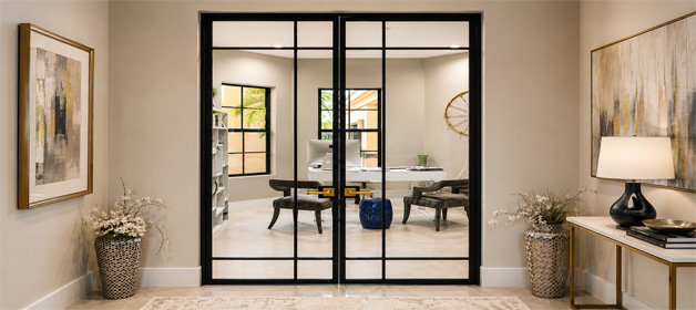 Custom interior hinged metal and glass double doors