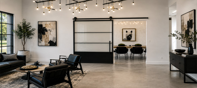 Custom metal and glass double barn doors with three glass panels and a metal toe kick