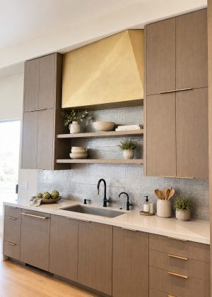 Angular brass faux hood above open shelves in a modern wood kitchen