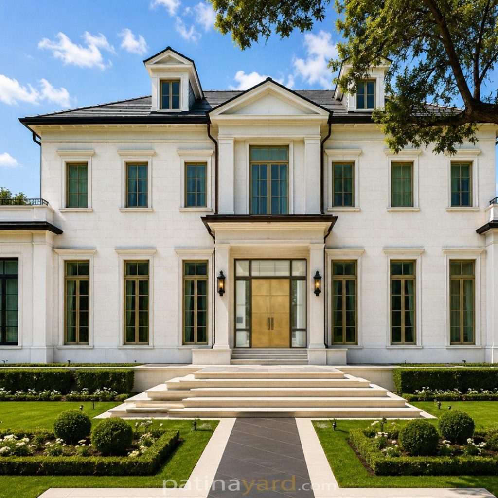 Brass double front entry doors with privacy glass sidelights on a white classical home