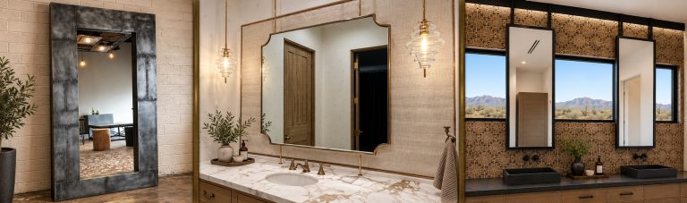 Custom metal framed mirrors in brass, zinc and steel