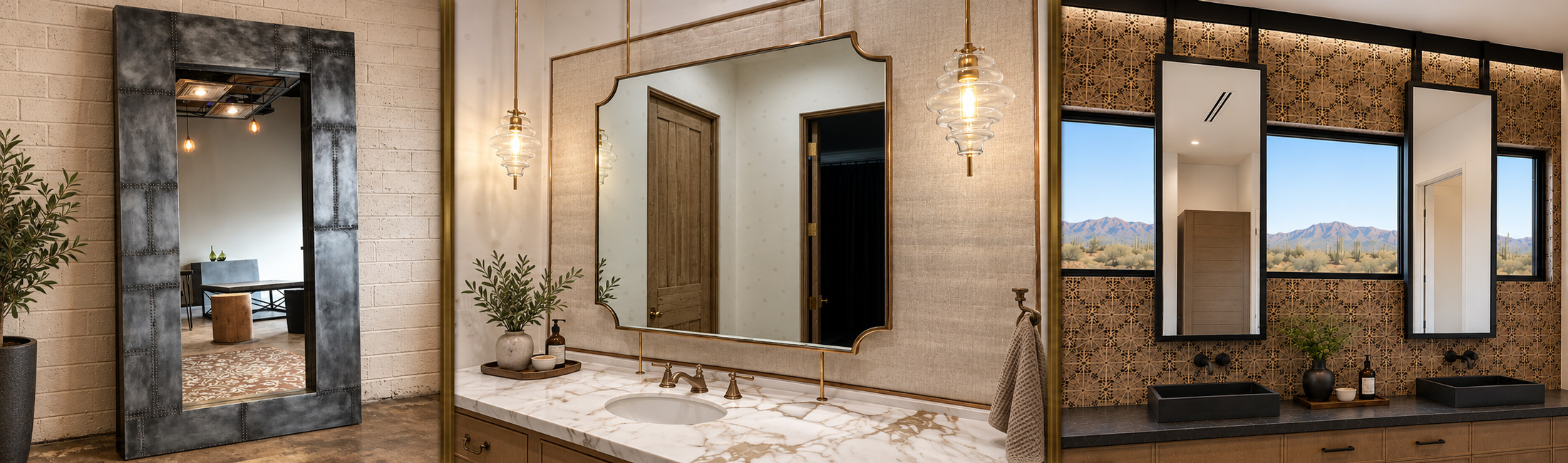 Custom metal framed mirrors in brass, zinc and steel