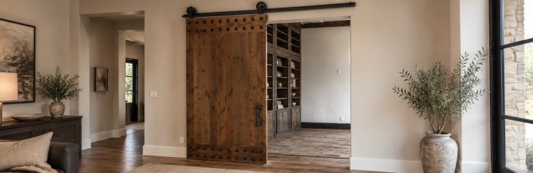 Stained wood barn door with black clavos opening to a library with built-in shelves