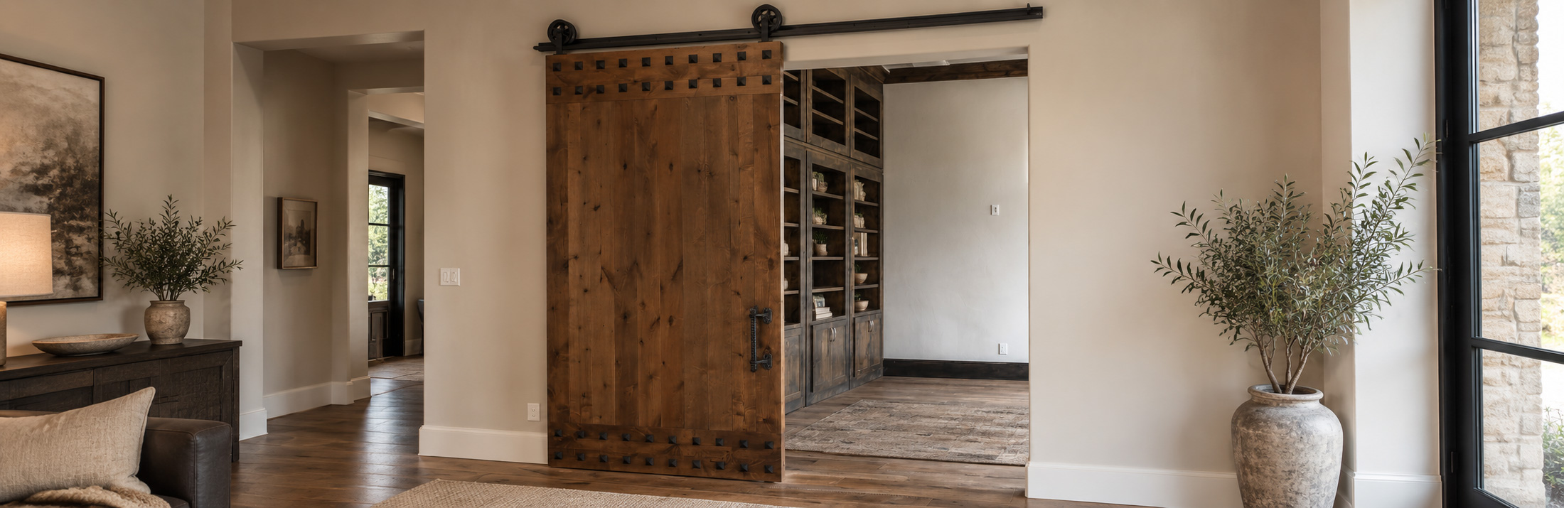 stained wood barn door with black iron studs, custom made by Patina Yard in Tampa