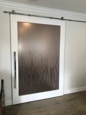 3 Form Birch Panel with Painted Wood Barn Door White painted wood barn door with a 3form birch branch resin panel