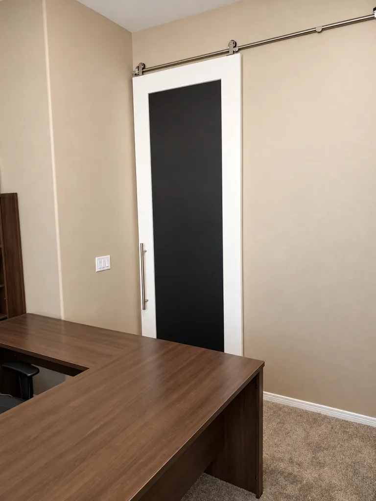 White painted shaker barn door with a chalkboard panel beside a home office desk