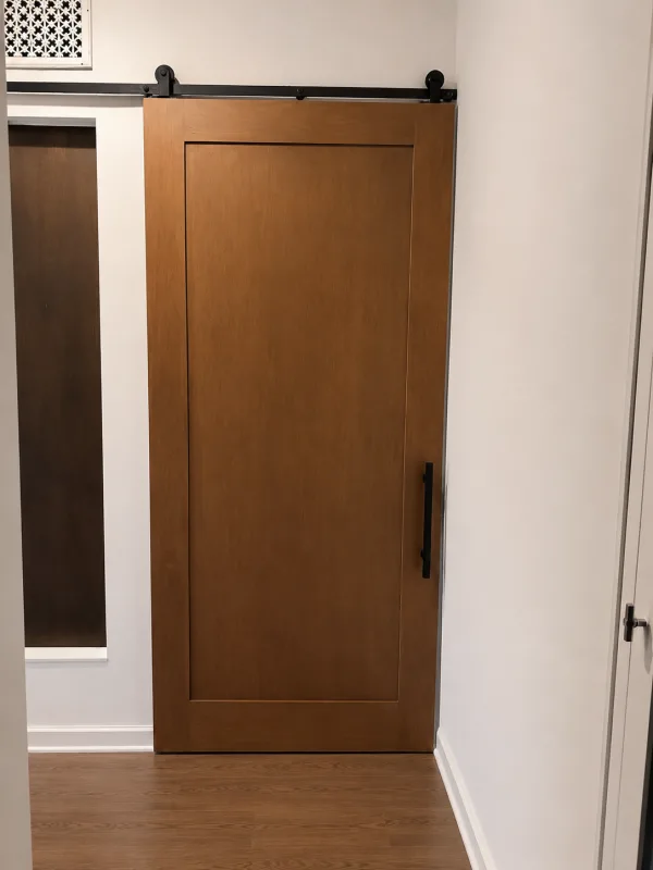 Single panel stained alder barn door with black hardware