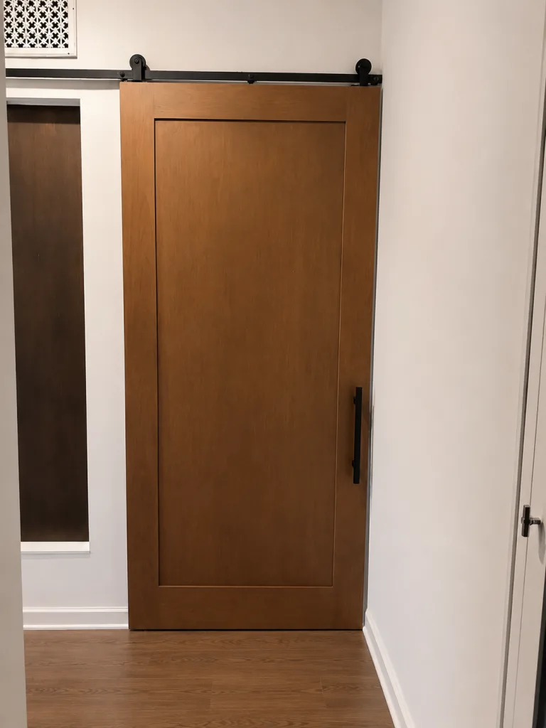 Single panel stained alder barn door with black hardware