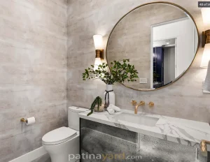 custom antique mirror vanity in powder room